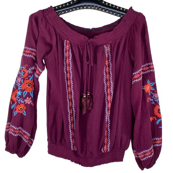 Xhilaration Boho Tassel Tie Peasant Floral Embroidered Blouse Small - Picture 1 of 7